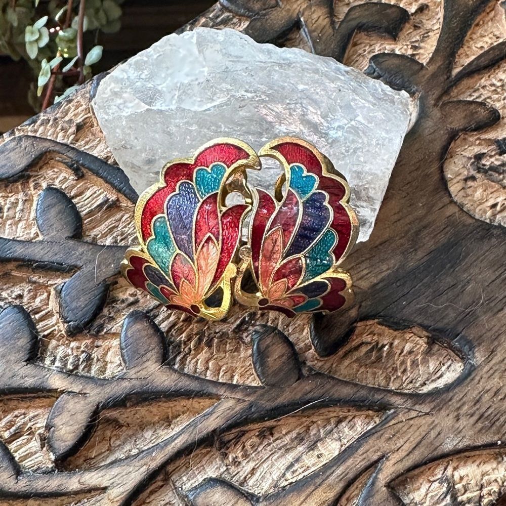 Vintage Cloisonné Butterfly Demi Hoop Clip On Earrings